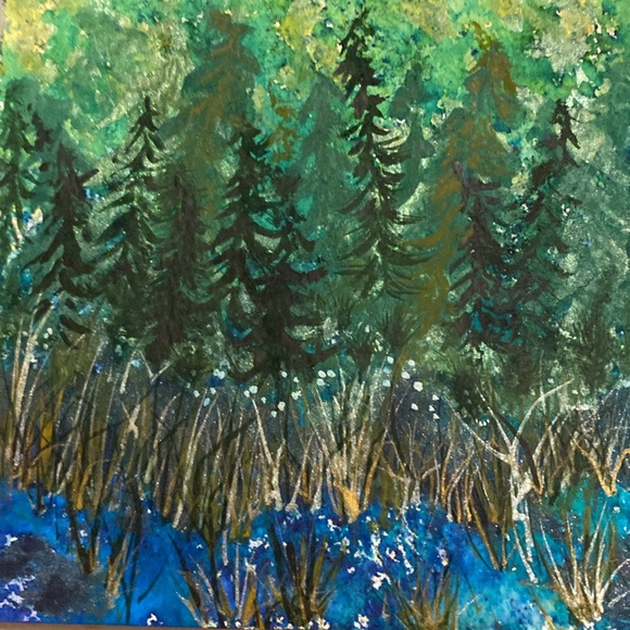 Unframed Original Art Painting Watercolour Metallics & Brusho - Forest & Water - Picture 3 of 5